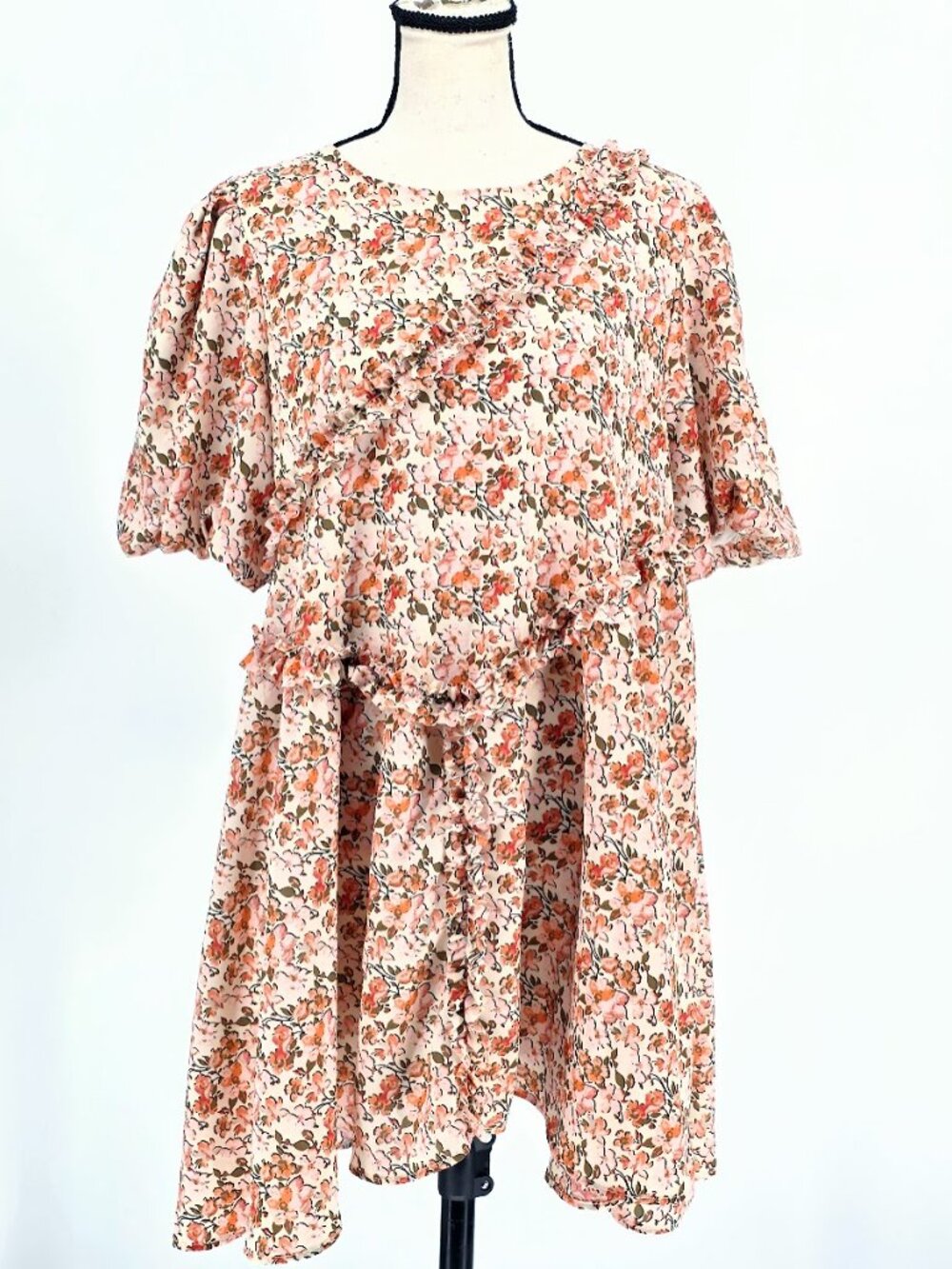 Mikarose The Venice Modest Floral Tiered Ruffle Dress Peachy Pink Size L